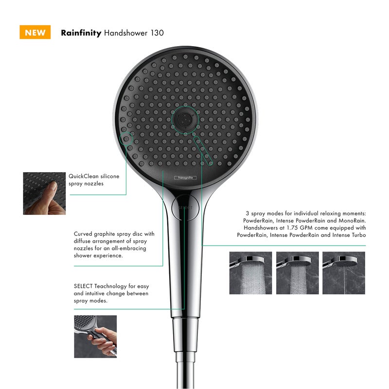 hansgrohe Rainfinity Rain 5-inch Modern Handheld Shower Head 3-Spray PowderRain, Intense PowderRain, Intense Turbo in Chrome, 26865001, 1.75 - Image 2